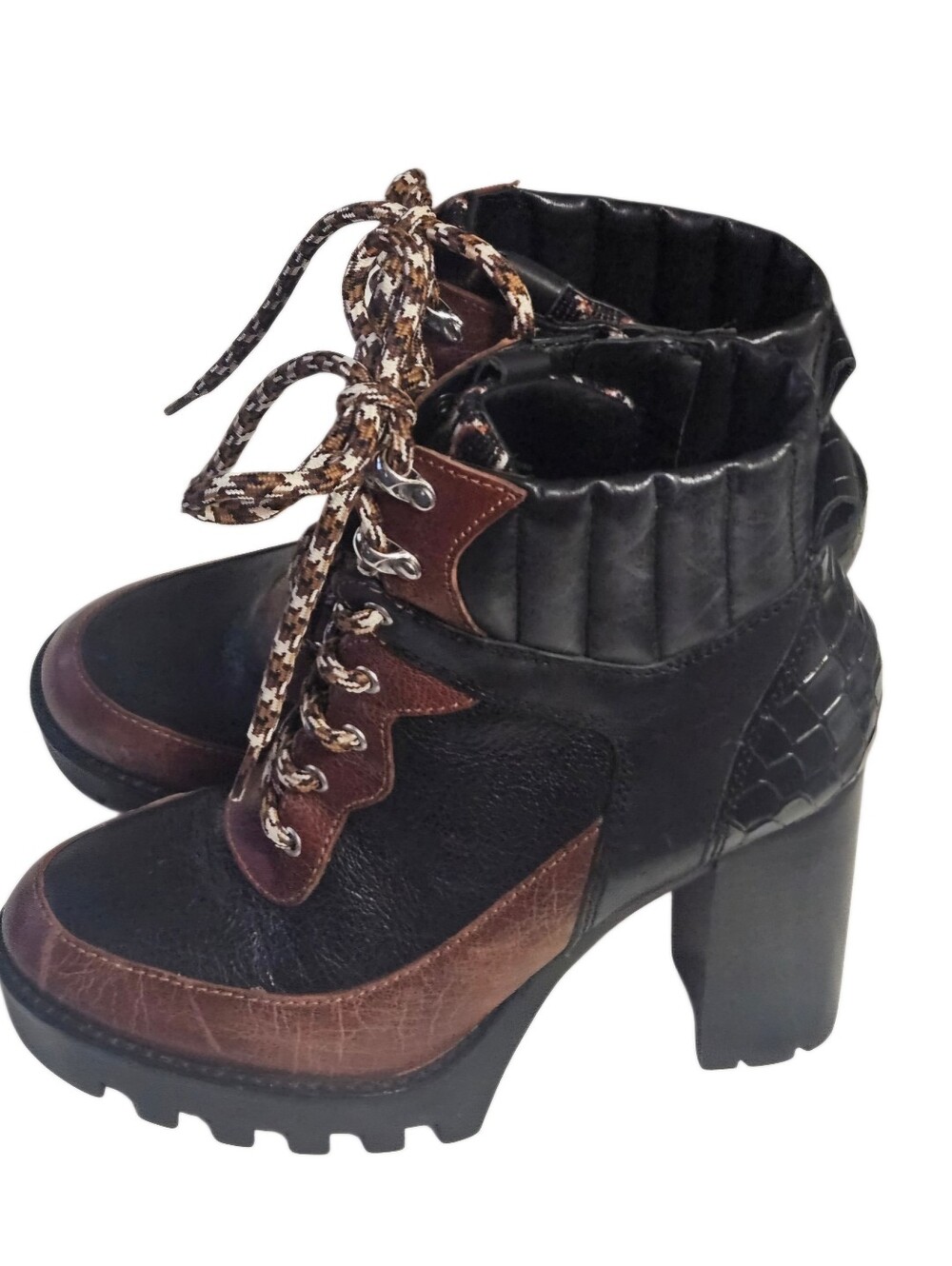 Antonio  Melani Women's Lace-Up Leather & Fabric Lug Sole Boots Size 7.5